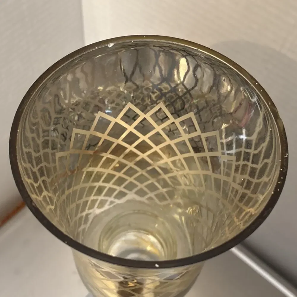 Glass candle holder, Clear & Gold, Geometric Pattern, Decorative Gold Accents